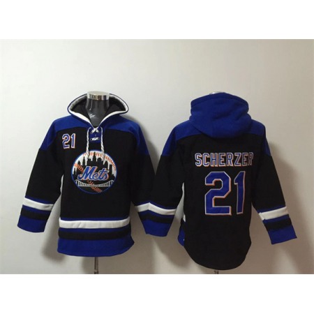 Men's New York Mets #21 Max Scherzer Black/Blue Ageless Must-Have Lace-Up Pullover Hoodie