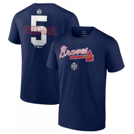 Men's Atlanta Braves #5 Freddie Freeman 2021 Navy World Series Bound Closer Name & Number T-Shirt