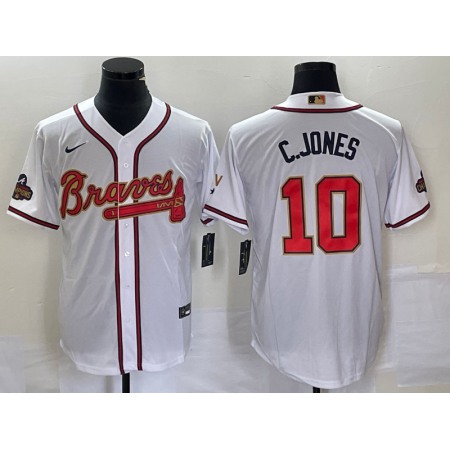 Men's Atlanta Braves #10 Chipper Jones 2022 White/Gold World Series Champions Program Cool Base Stitched Baseball Jersey