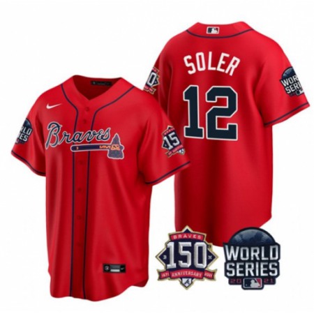 Men's Atlanta Braves #12 Jorge Soler 2021 Red World Series With 150th Anniversary Patch Cool Base Stitched Jersey