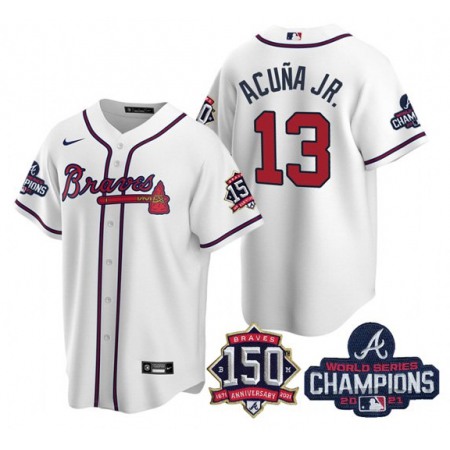 Men's Atlanta Braves #13 Ronald Acuna Jr. 2021 White World Series Champions With 150th Anniversary Patch Cool Base Stitched Jersey