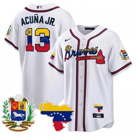 Men's Atlanta Braves #13 Ronald Acuna Jr. 2023 White With Patch Cool Base Stitched Jersey