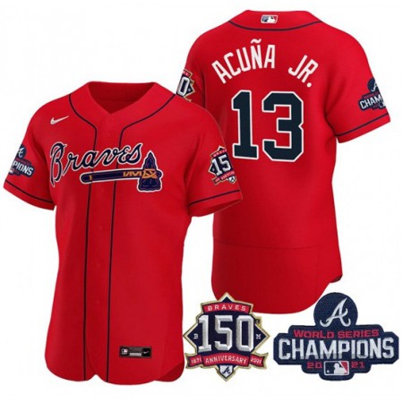 Men's Atlanta Braves #13 Ronald Acuna Jr. 2021 Red World Series Champions With 150th Anniversary Flex Base Stitched Jersey