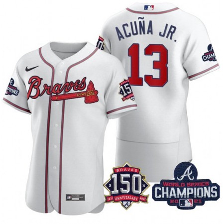 Men's Atlanta Braves #13 Ronald Acuna Jr. 2021 White World Series Champions With 150th Anniversary Flex Base Stitched Jersey