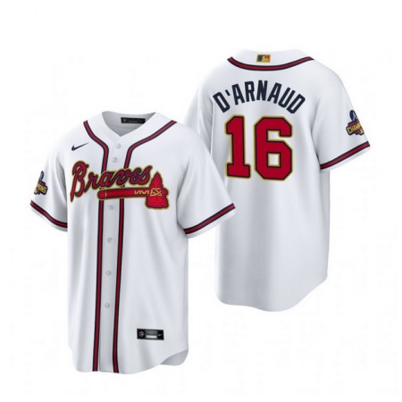 Men's Atlanta Braves #16 Travis d'Arnaud White 2022-23 Gold Cool Base Stitched Baseball Jersey