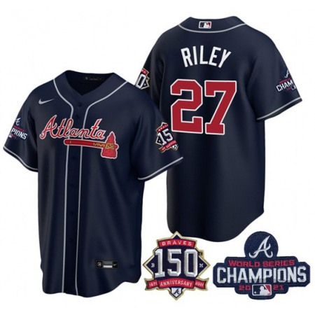 Men's Atlanta Braves #27 Austin Riley 2021 Navy World Series Champions With 150th Anniversary Patch Cool Base Stitched Jersey