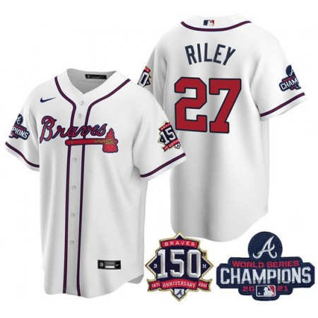 Men's Atlanta Braves #27 Austin Riley 2021 White World Series Champions With 150th Anniversary Patch Cool Base Stitched Jersey