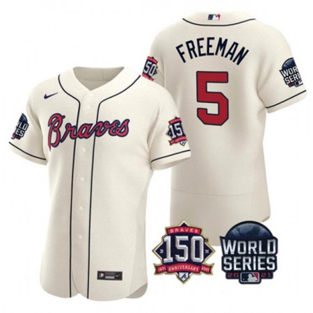 Men's Atlanta Braves #5 Freddie Freeman 2021 Cream World Series With 150th Anniversary Patch Stitched Baseball Jersey