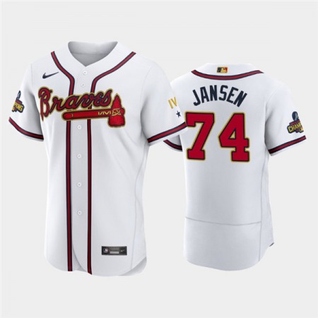 Men's Atlanta Braves #74 Kenley Jansen 2022 White/Gold World Series Champions Program Flex Base Stitched Baseball Jersey