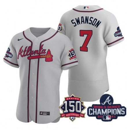 Men's Atlanta Braves #7 Dansby Swanson 2021 Grey World Series Champions With 150th Anniversary Flex Base Stitched Jersey