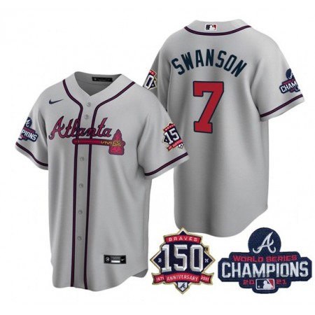 Men's Atlanta Braves #7 Dansby Swanson 2021 Grey World Series Champions With 150th Anniversary Patch Cool Base Stitched Jersey
