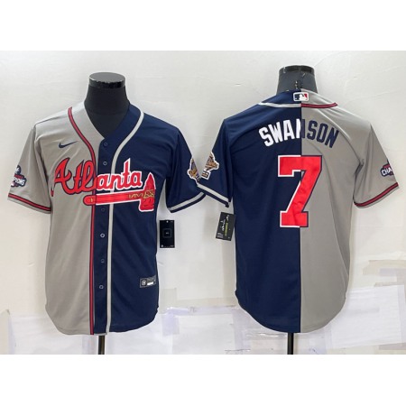 Men's Atlanta Braves #7 Dansby Swanson Gray Navy Two Tone Split Cool Base Stitched Baseball Jersey