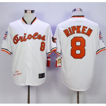 Mitchell And Ness 1989 Orioles #8 Cal Ripken White Throwback Stitched MLB Jersey