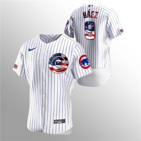 Men's Chicago Cubs #9 Javier Baez White 2020 Stars & Stripes Flex Base Stitched Jersey