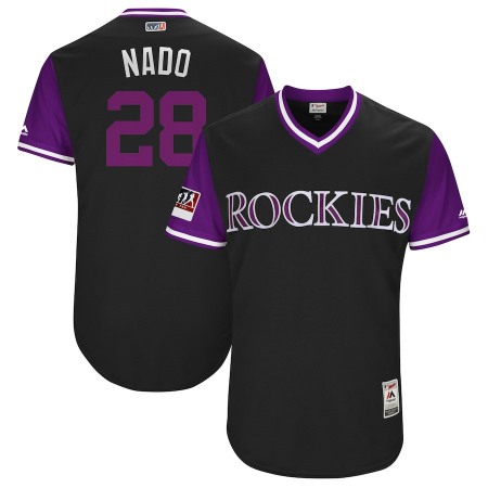 Men's Colorado Rockies #28 Nolan Arenado "Nado" Majestic Black/Purple 2018 Players' Weekend Stitched MLB Jersey