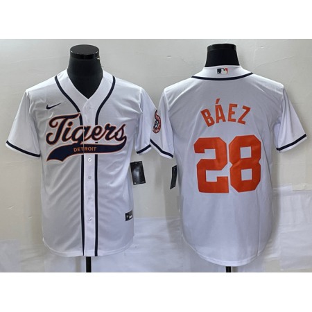 Men's Detroit Tigers #28 Javier Baez White Cool Base Stitched Baseball Jersey