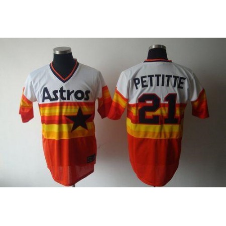 Mitchell And Ness Astros #21 Andy Pettitte White/Orange Stitched Throwback MLB Jersey