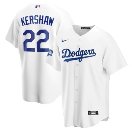 Men's Los Angeles Dodgers #22 Clayton Kershaw White 2020 World Series Champions Home Patch Cool Base Stitched Jersey