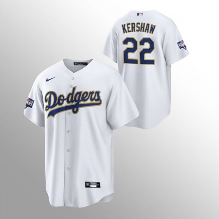 Men's Los Angeles Dodgers #22 Clayton Kershaw White Champions Patch Gold Program Cool Base Stitched Jersey