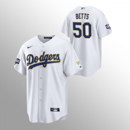 Men's Los Angeles Dodgers #50 Mookie Betts White Gold Championship Cool Base Stitched Jersey