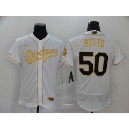 Men's Los Angeles Dodgers #50 Mookie Betts White Golden Flex Base Stitched MLB Jersey