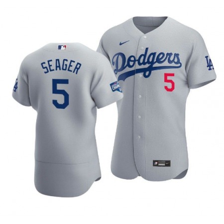 Men's Los Angeles Dodgers #5 Corey Seager 2020 Grey World Series Champions Patch Flex Base Sttiched Jersey