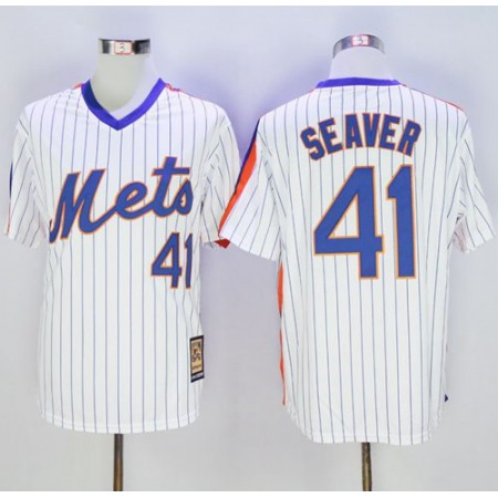 Mets #41 Tom Seaver White(Blue Strip) Cooperstown Stitched MLB Jersey