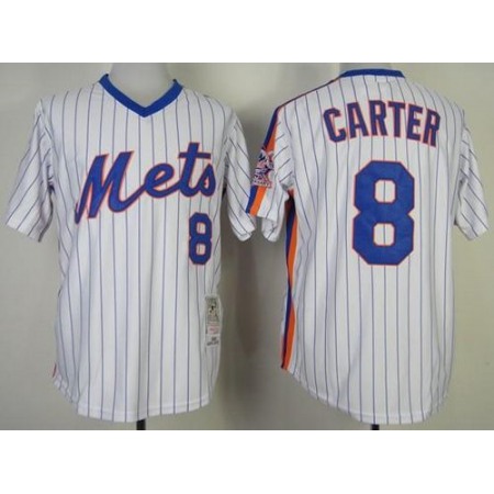 Mitchell and Ness Mets #8 Gary Carter Stitched White Blue Strip Throwback MLB Jersey