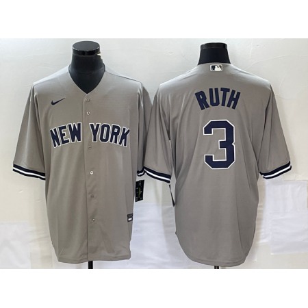 Men's New York Yankees #3 Babe Ruth Gray Cool Base Stitched Baseball Jersey