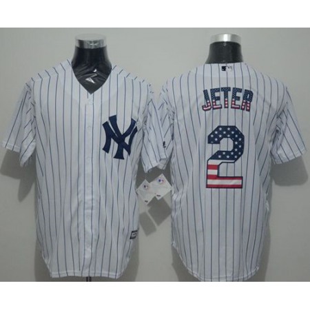 Yankees #2 Derek Jeter White Strip USA Flag Fashion Stitched MLB Jersey