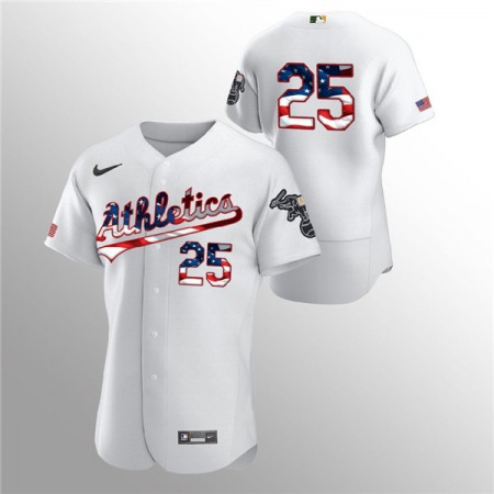 Men's Oakland Athletics #25 Stephen Piscotty White 2020 Stars & Stripes Flex Base Stitched Jersey