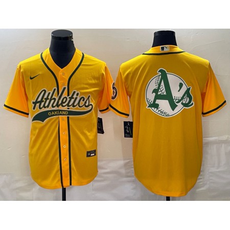 Men's Oakland Athletics Yellow Team Big Logo Cool Base Stitched Baseball Jersey 001