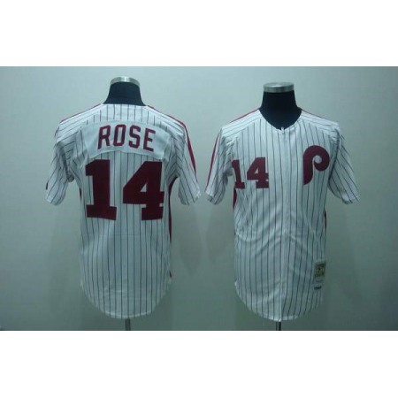 Mitchell and Ness Phillies #14 Rose Stitched White Red Strip Throwback MLB Jersey