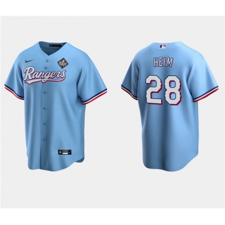 Men's Texas Rangers #28 Jonah Heim Blue 2023 World Series Stitched Baseball Jersey