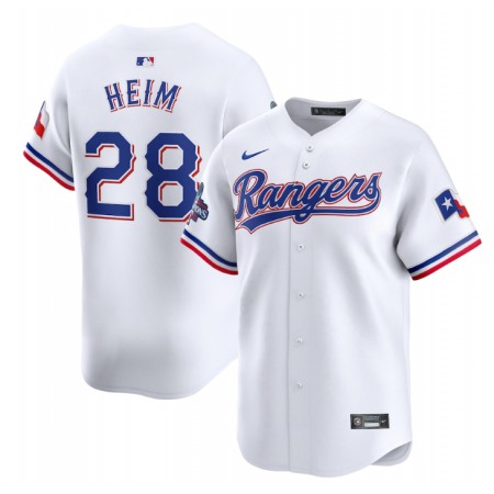 Men's Texas Rangers #28 Jonah Heim White 2023 World Series Champions Stitched Baseball Jersey
