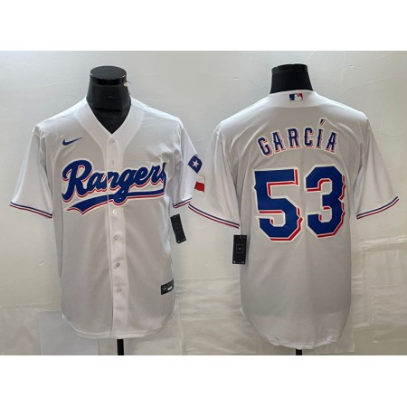 Men's Texas Rangers #53 Adolis Garcia White Cool Base Stitched Baseball Jersey