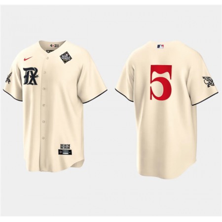 Men's Texas Rangers #5 Corey Seager Cream 2023 World Series City Connect Stitched Baseball Jersey