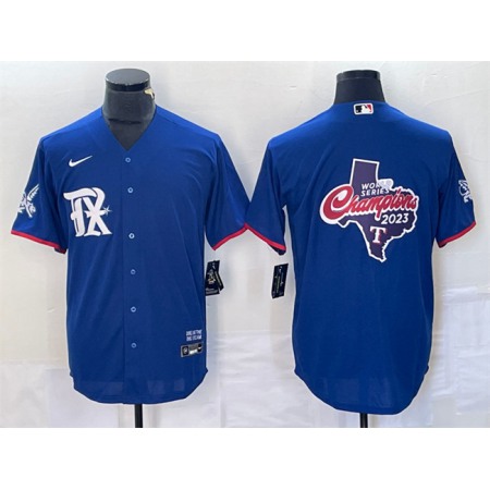 Men's Texas Rangers Royal 2023 World Series Champions Big Logo Cool Base Stitched Baseball Jersey