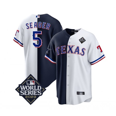 Men's Texas Rangers & Cowboys #5 Corey Seager Navy/White 2023 World Series Splite Stitched Baseball Jersey