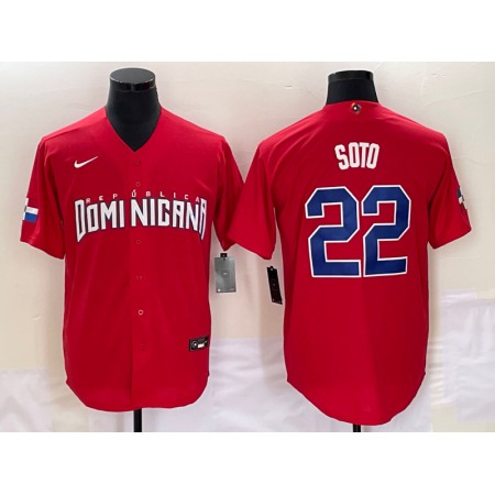 Men's Dominican Republic Baseball #22 Juan Soto 2023 Red World Baseball Classic Stitched Jersey