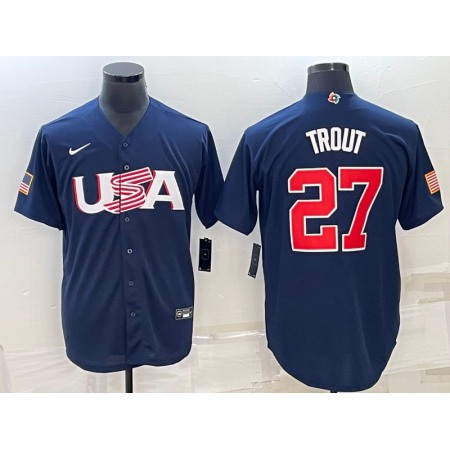 Men's USA Baseball #27 Mike Trout 2023 Navy World Baseball Classic Stitched Jersey