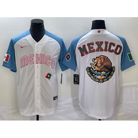 Men's Mexico Baseball 2023 White Blue Team Big Logo World Baseball Classic Stitched Jersey