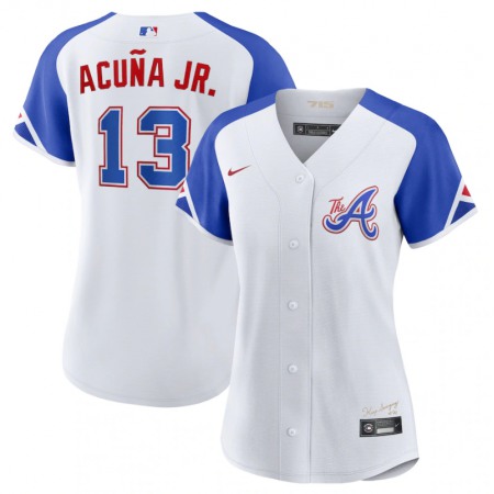 Women's Atlanta Braves #13 Ronald Acuna Jr. White 2023 City Connect Stitched Baseball Jersey(Run Small)