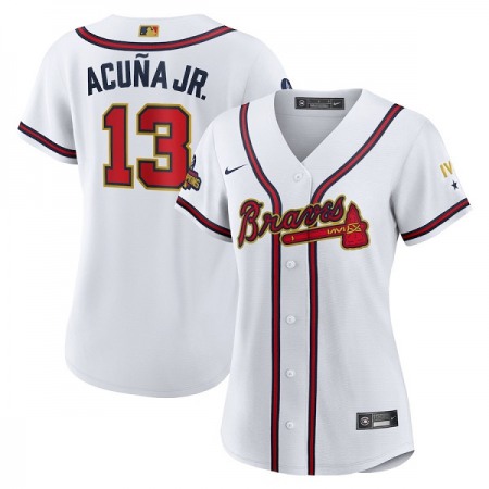 Women's Atlanta Braves #13 Ronald Acuna Jr 2022 White/Gold World Series Champions Program Stitched Jersey(Run Small)