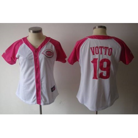 Reds #19 Joey Votto White/Pink Women's Splash Fashion Stitched MLB Jersey
