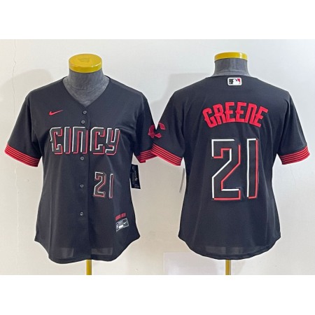 Women's Cincinnati Reds #21 Hunter Greene Black 2023 City Connect With Patch Stitched Baseball Jersey(Run Small)
