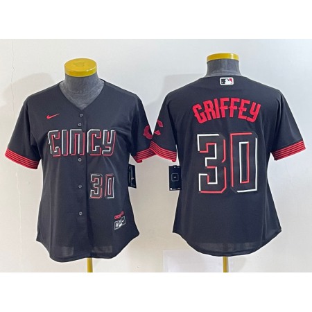 Women's Cincinnati Reds #30 Ken Griffey Jr. Black 2023 City Connect With Patch Stitched Baseball Jersey(Run Small)
