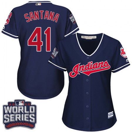 indians #41 Carlos Santana Navy Blue 2016 World Series Bound Women's Alternate Stitched MLB Jersey