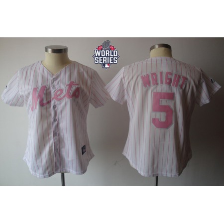 Mets #5 David Wright White Pink Strip W/2015 World Series Patch Women's Fashion Stitched MLB Jersey