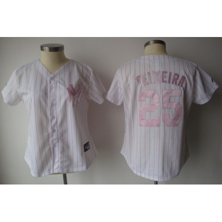 Yankees #25 Mark Teixeira White With Pink Strip Women's Fashion Stitched MLB Jersey